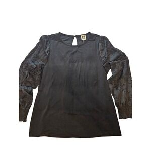 Anne Klein Womens Black Floral Burnout Sheer Sleeve Keyhole Blouse Medium